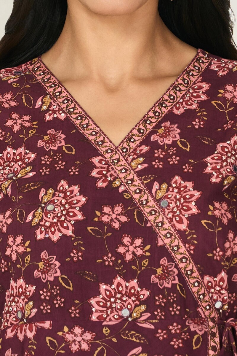 Purple Hand Printed Angrakha Cotton Slub Kurta