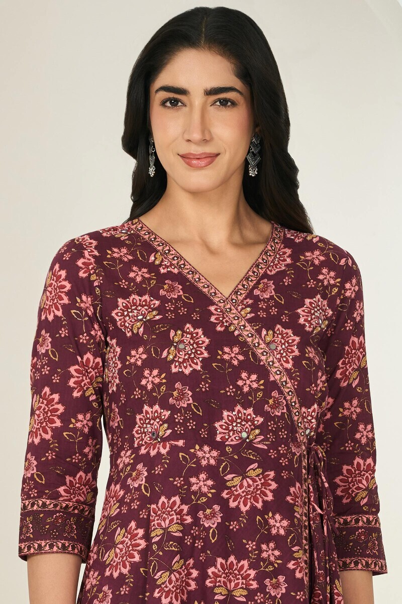 Purple Hand Printed Angrakha Cotton Slub Kurta