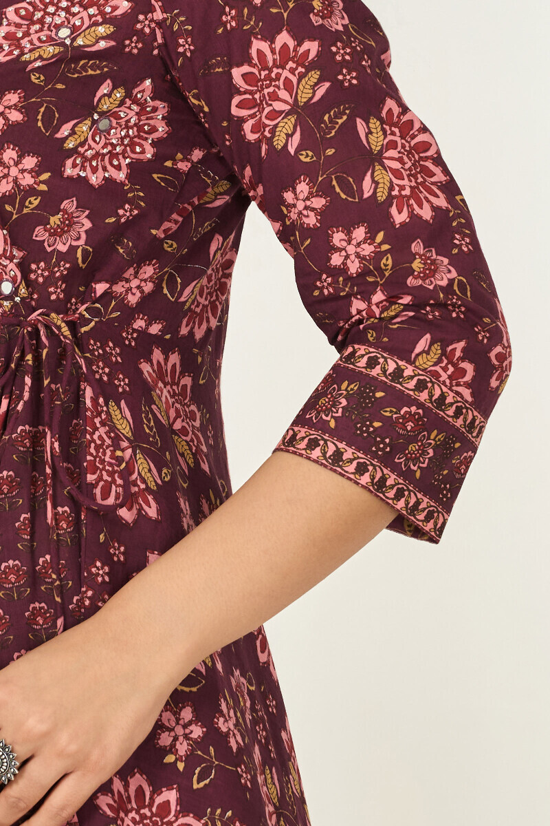 Purple Hand Printed Angrakha Cotton Slub Kurta