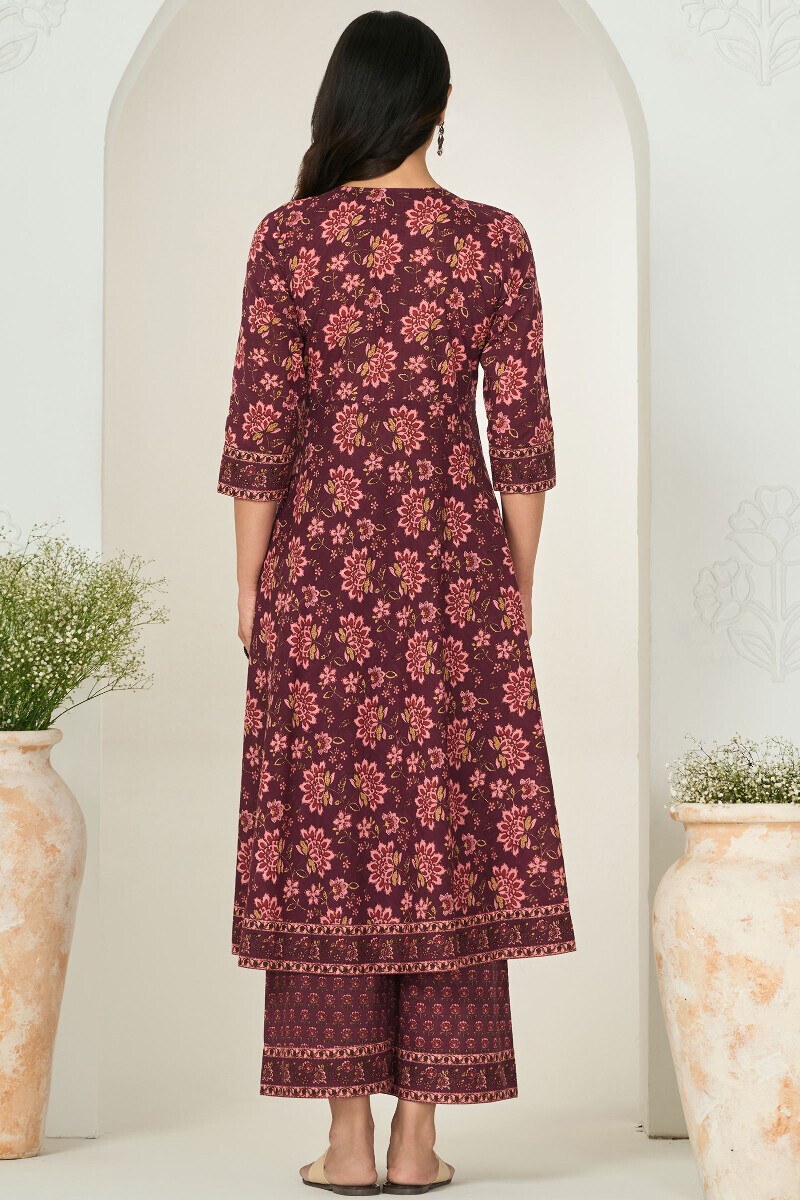 Purple Hand Printed Angrakha Cotton Slub Kurta
