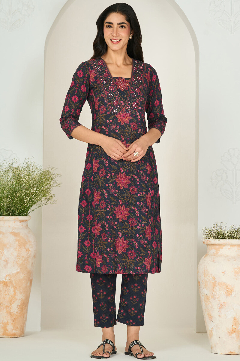 Navy Blue Printed Straight Cotton Kurta