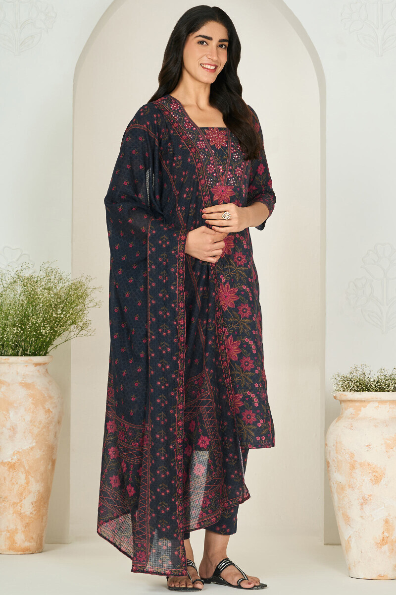 Navy Blue Printed Straight Cotton Kurta
