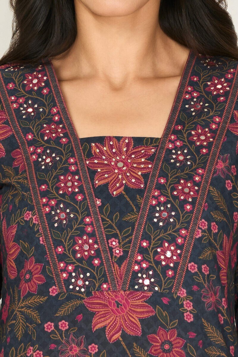 Navy Blue Printed Straight Cotton Kurta