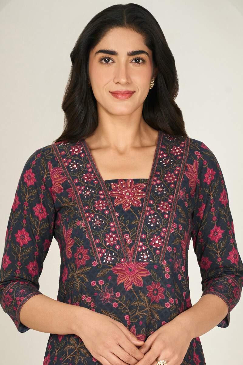 Navy Blue Printed Straight Cotton Kurta