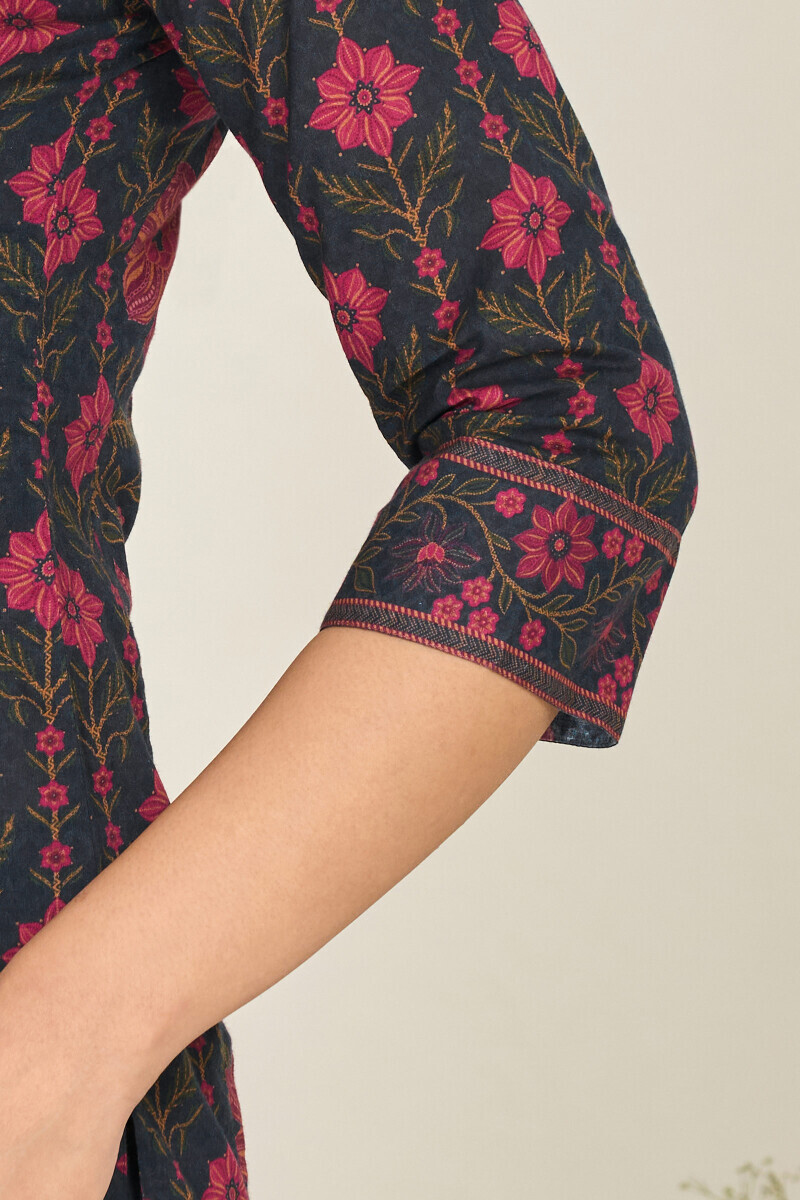 Navy Blue Printed Straight Cotton Kurta