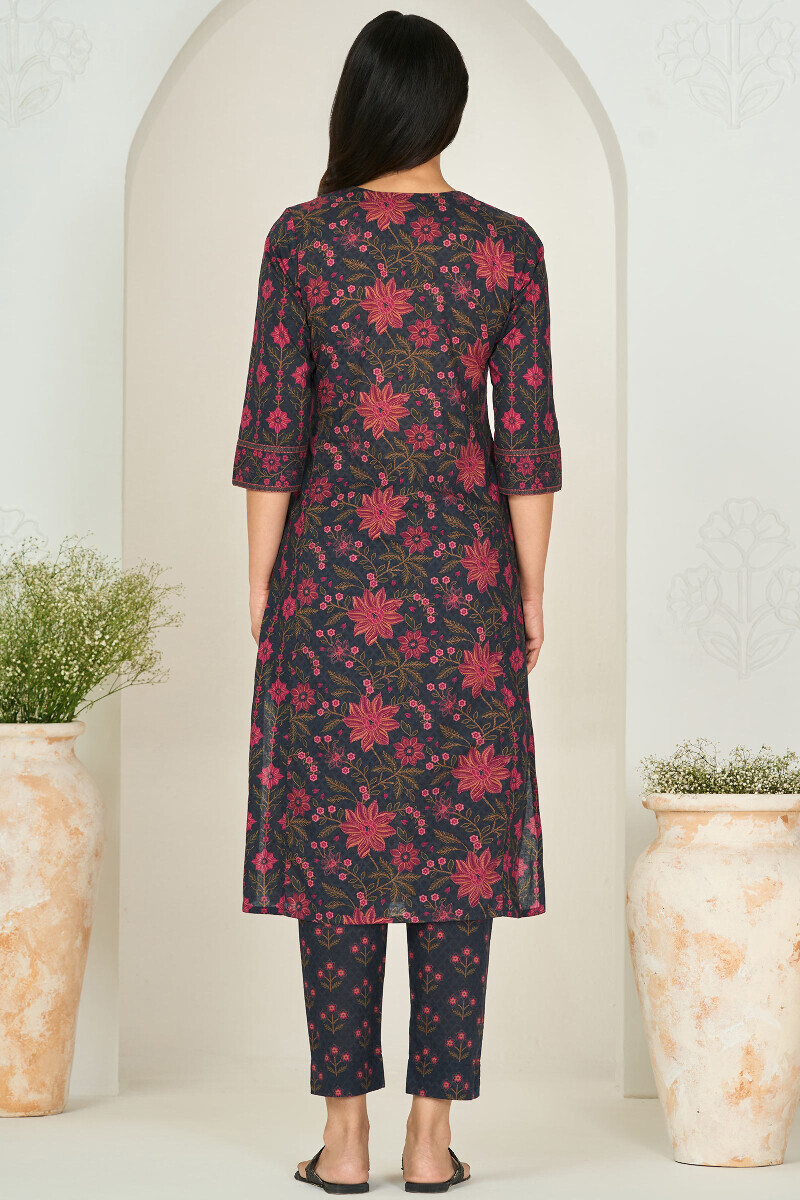 Navy Blue Printed Straight Cotton Kurta