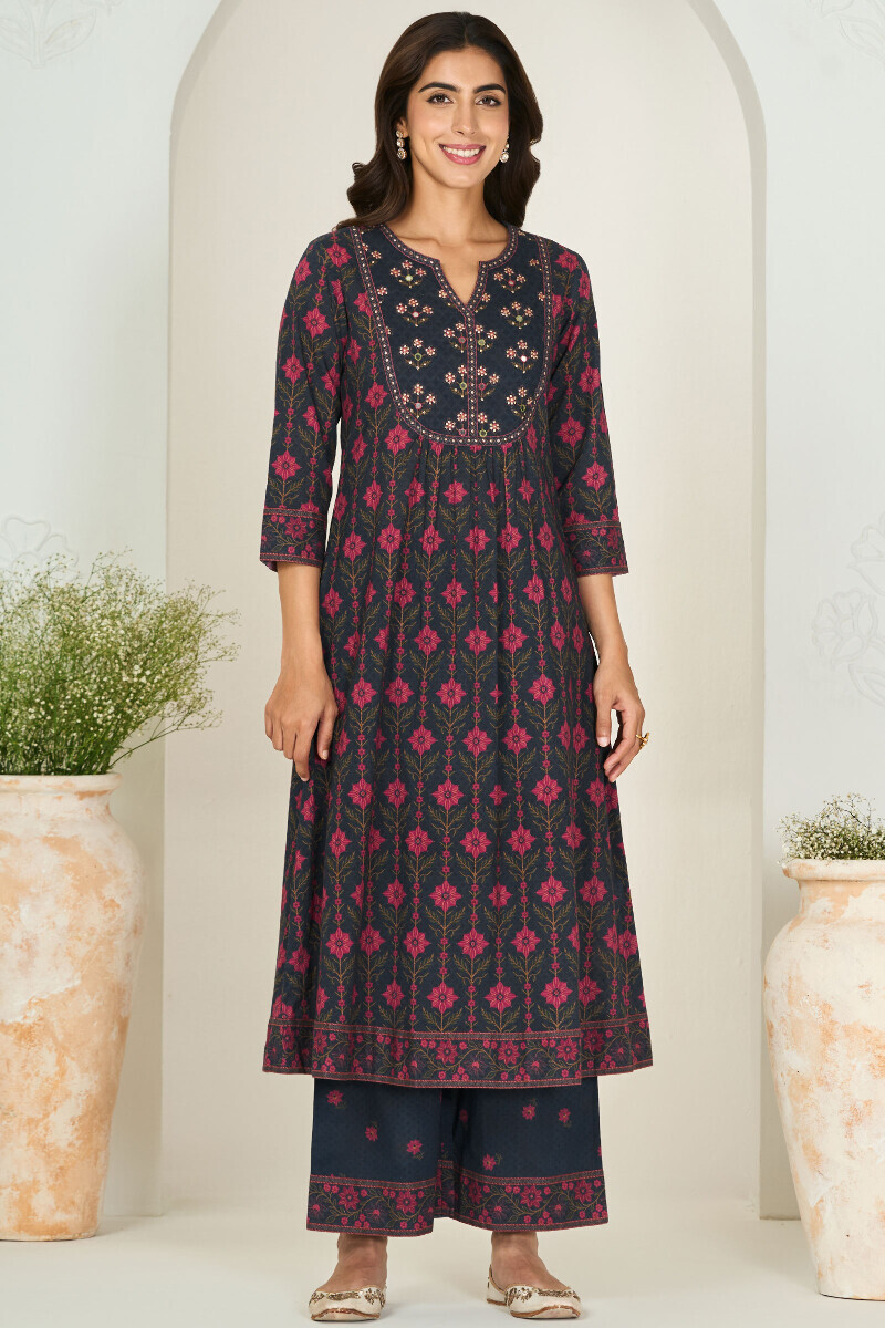 Navy Blue Printed A-Line Cotton Kurta