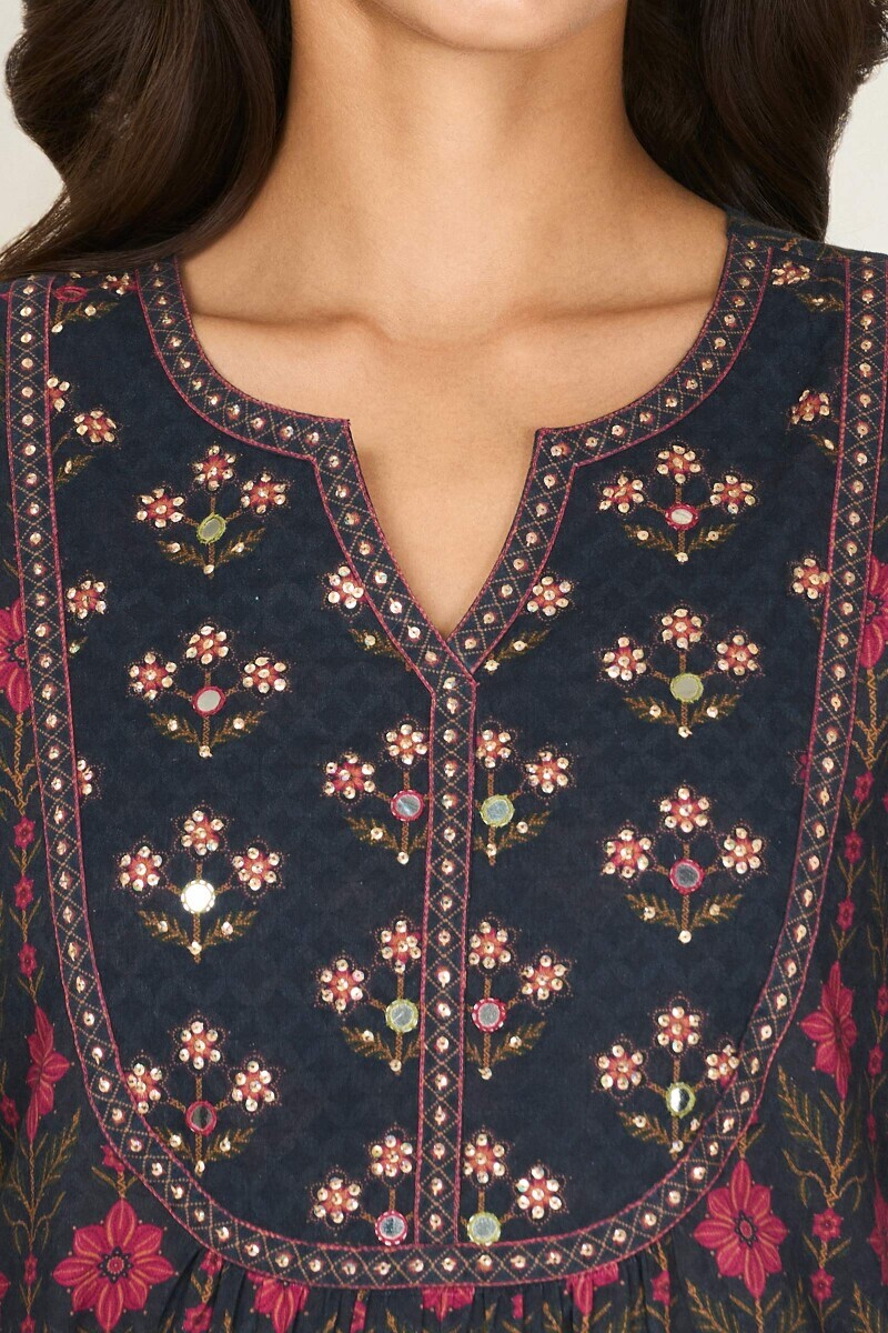 Navy Blue Printed A-Line Cotton Kurta