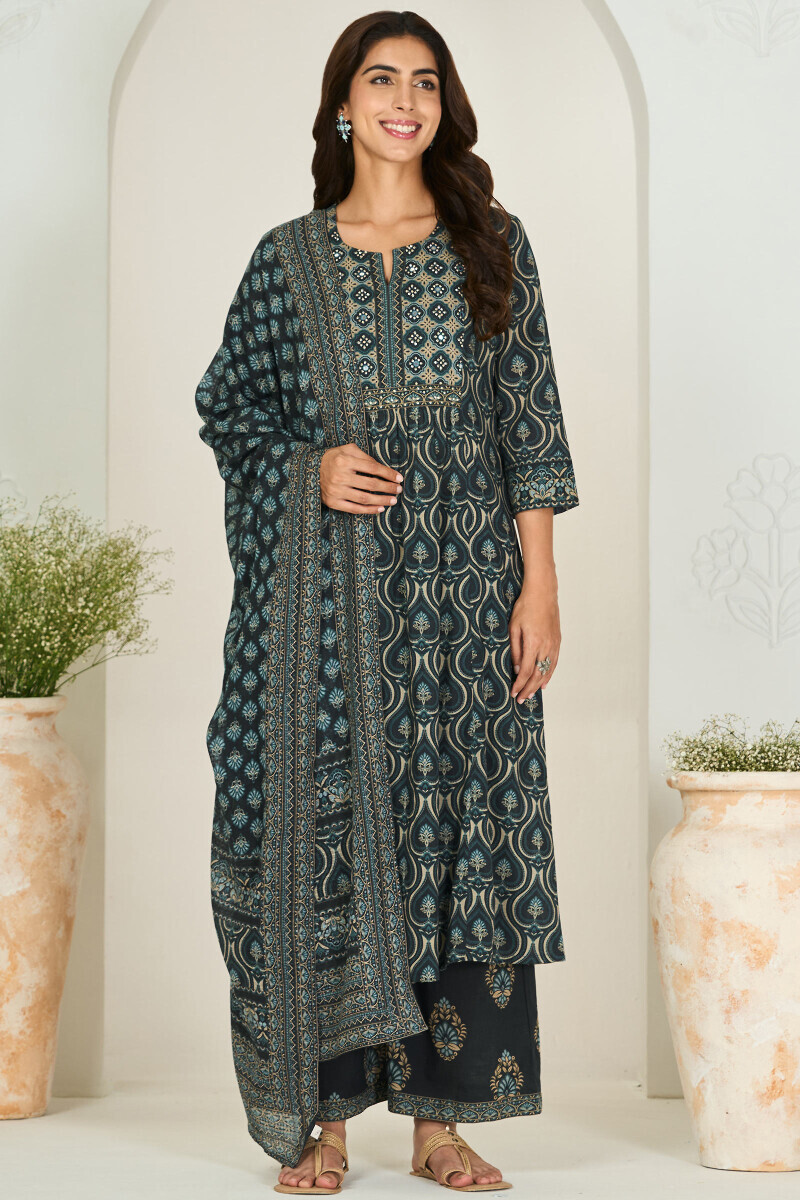 Black Printed A-Line Cotton Dobby Kurta