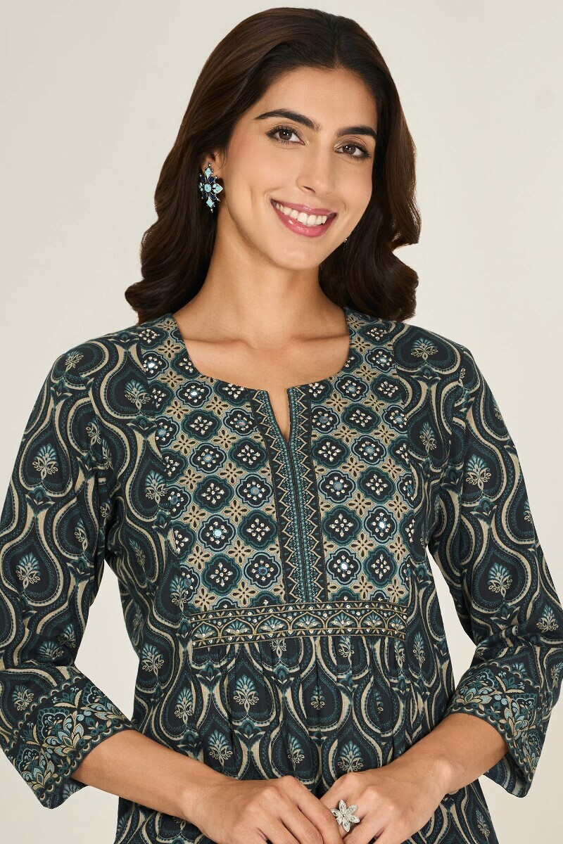 Black Printed A-Line Cotton Dobby Kurta