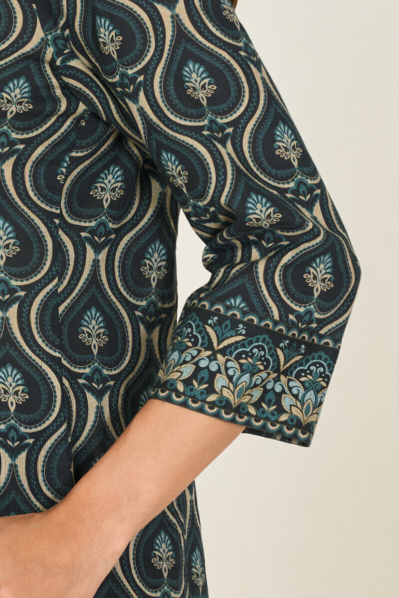 Black Printed A-Line Cotton Dobby Kurta