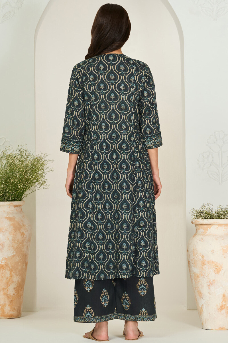 Black Printed A-Line Cotton Dobby Kurta