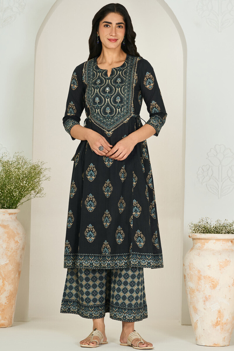 Black Printed A-Line Cotton Dobby Kurta