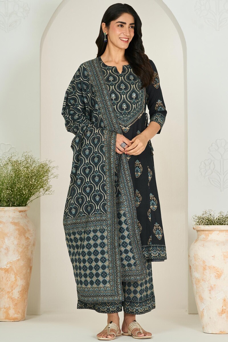 Black Printed A-Line Cotton Dobby Kurta
