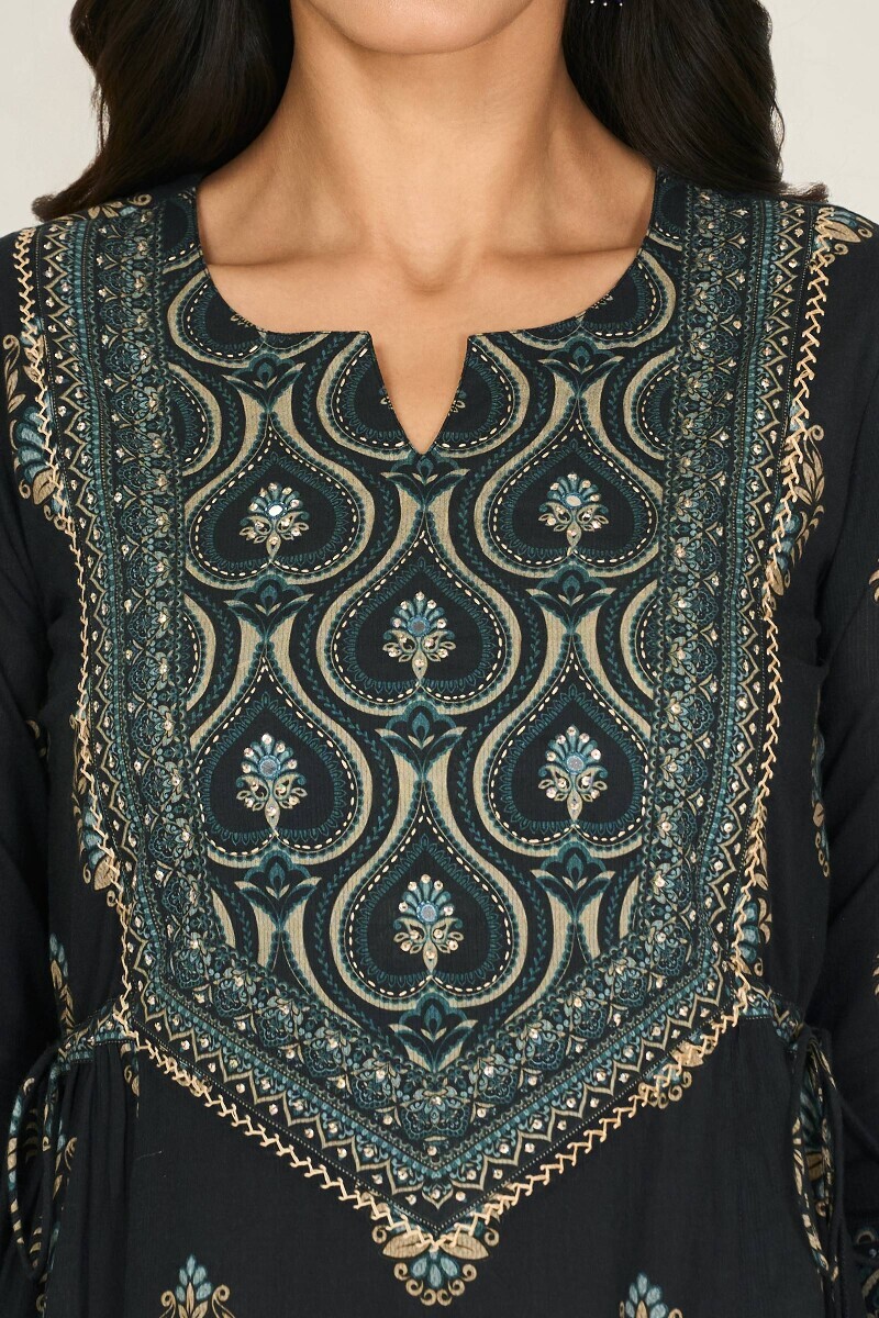 Black Printed A-Line Cotton Dobby Kurta