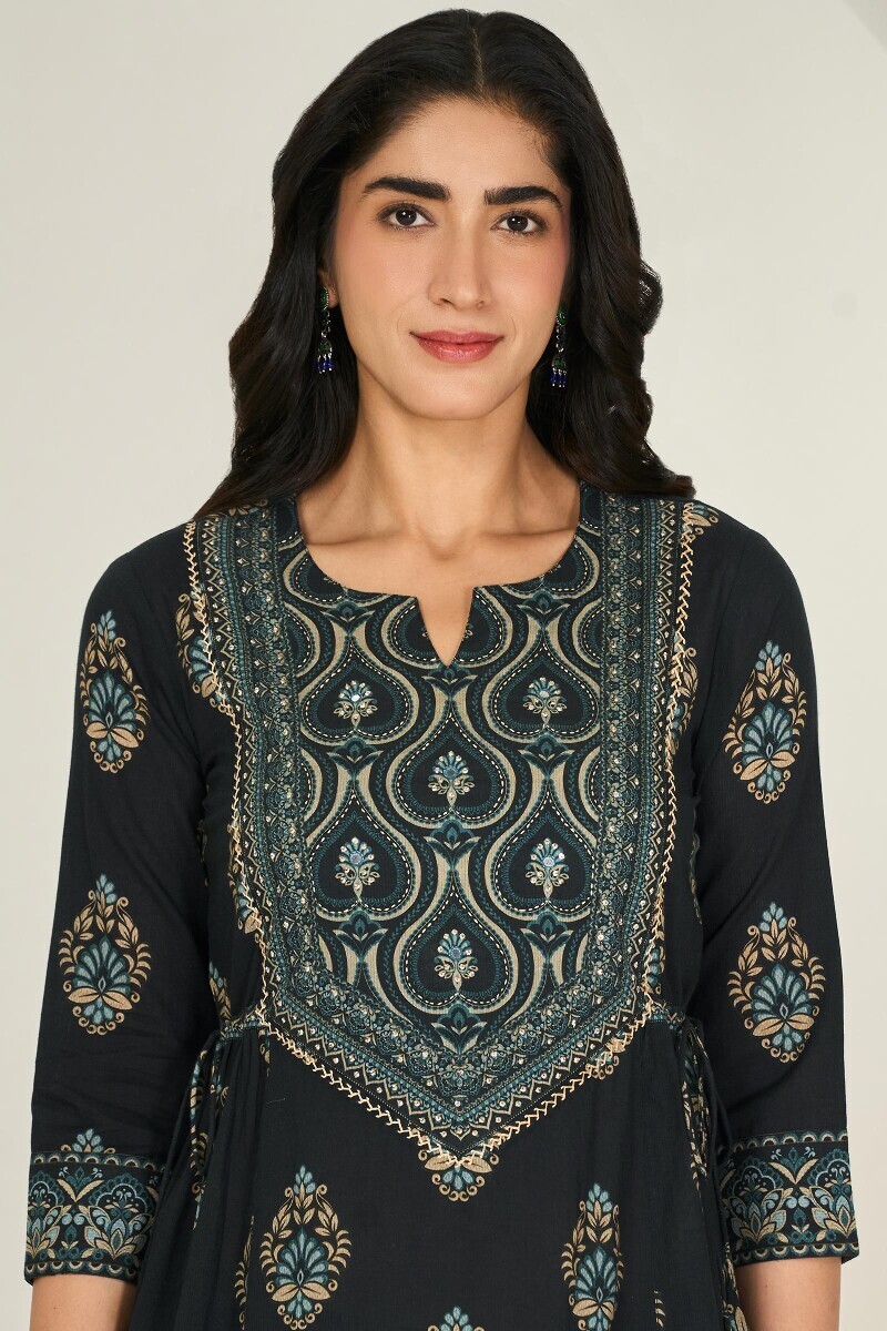 Black Printed A-Line Cotton Dobby Kurta