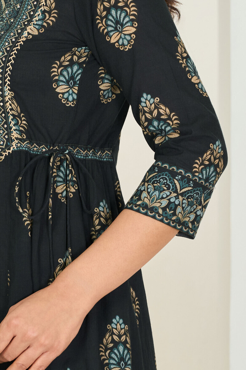Black Printed A-Line Cotton Dobby Kurta