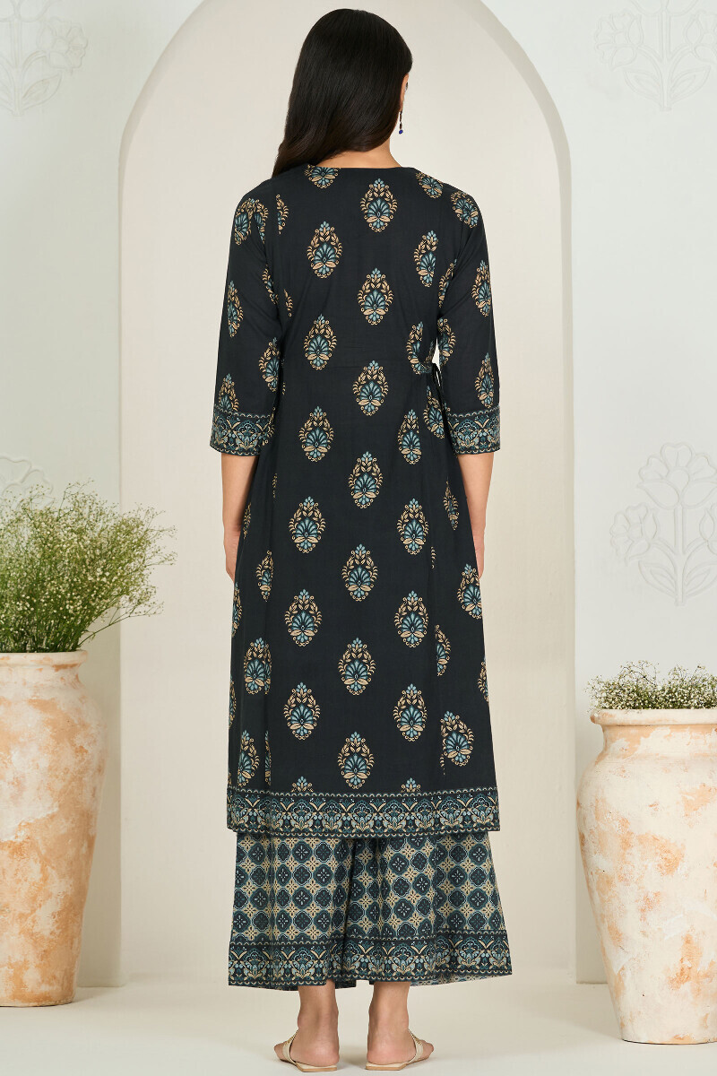 Black Printed A-Line Cotton Dobby Kurta