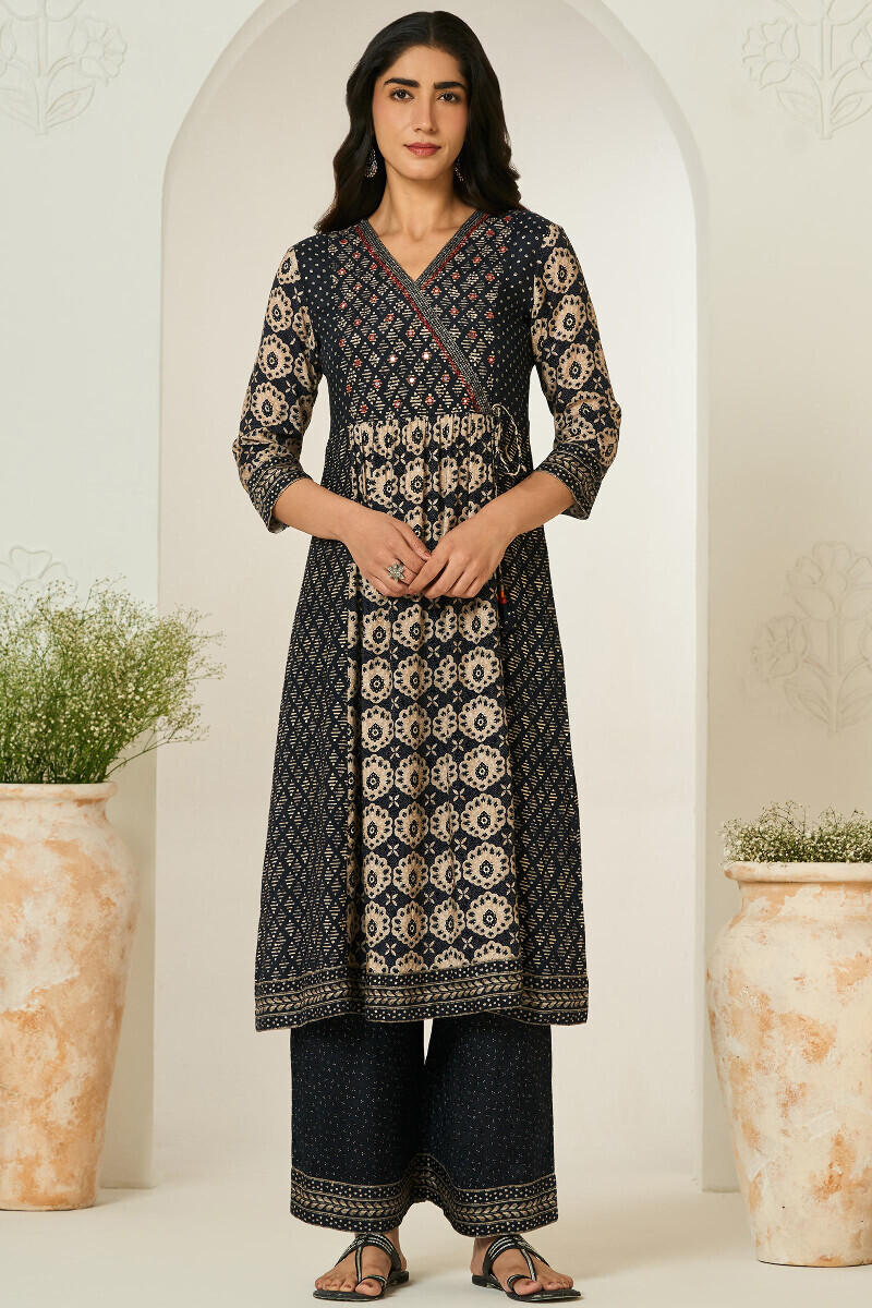 Black Printed A-Line Viscose Kurta