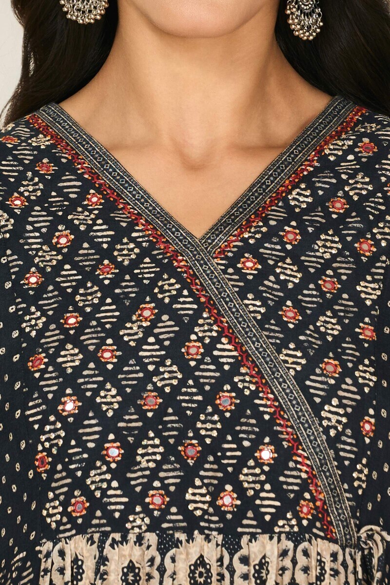 Black Printed A-Line Viscose Kurta