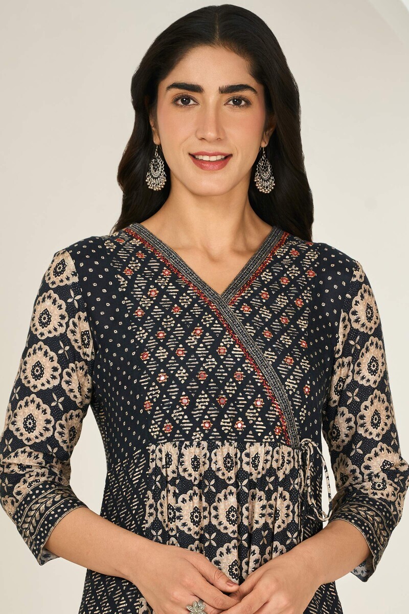 Black Printed A-Line Viscose Kurta