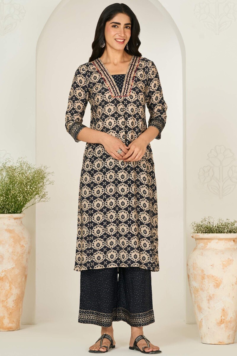 Black Printed Straight Viscose Kurta