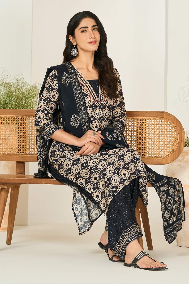 Black Printed Straight Viscose Kurta