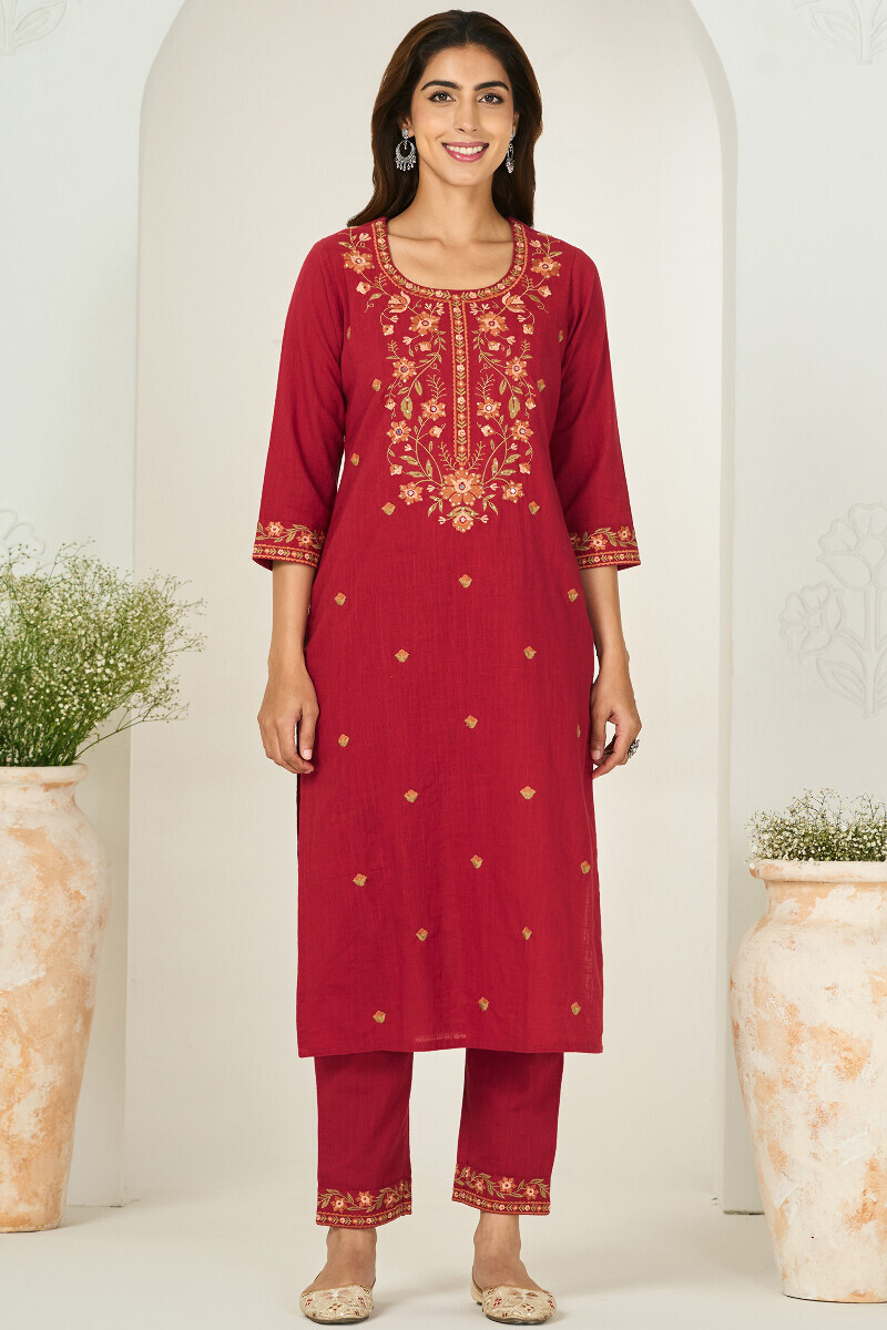 Red Handcrafted Straight Gauze Slub Kurta