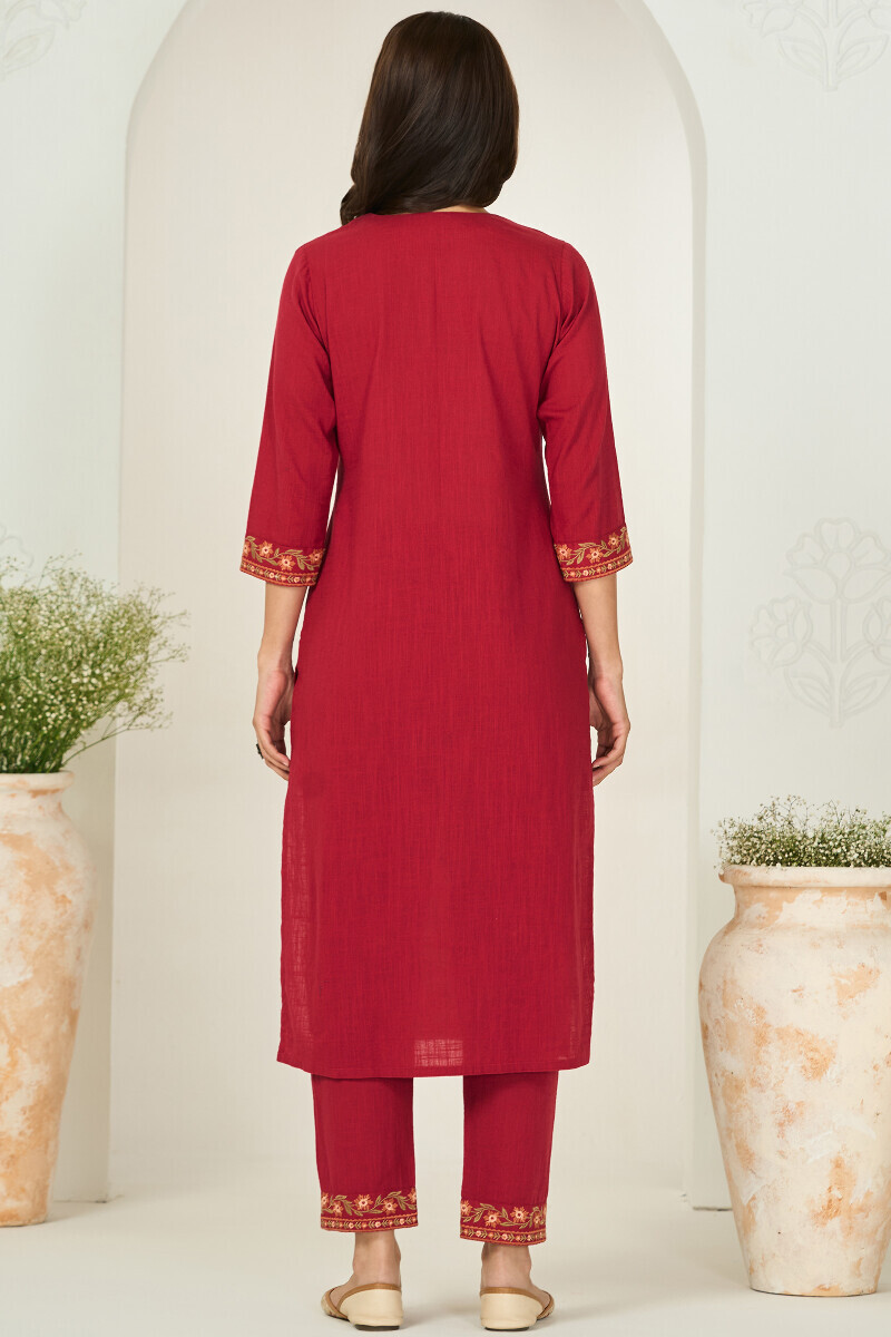 Red Handcrafted Straight Gauze Slub Kurta