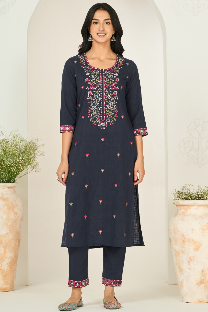 Navy Blue Handcrafted Straight Gauze Slub Kurta