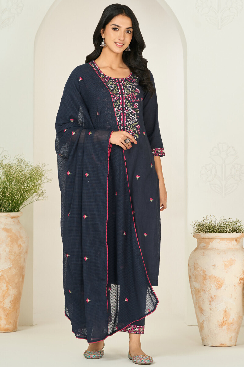 Navy Blue Handcrafted Straight Gauze Slub Kurta