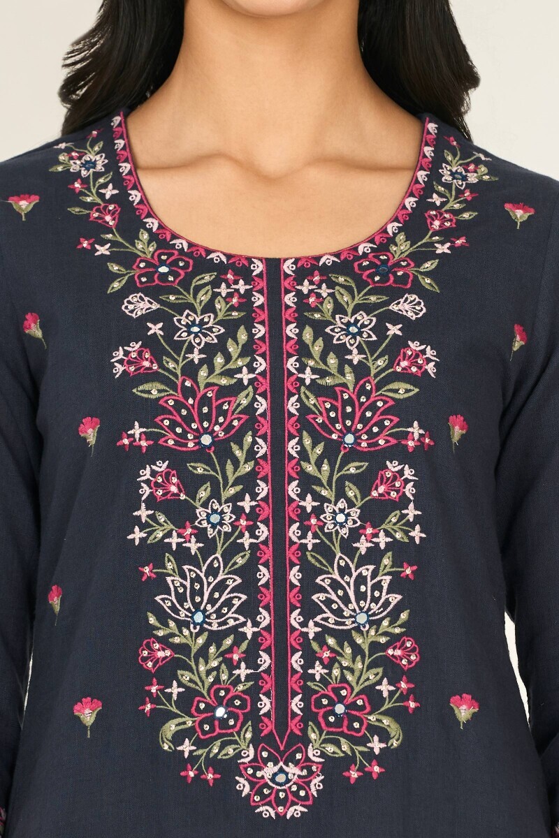 Navy Blue Handcrafted Straight Gauze Slub Kurta