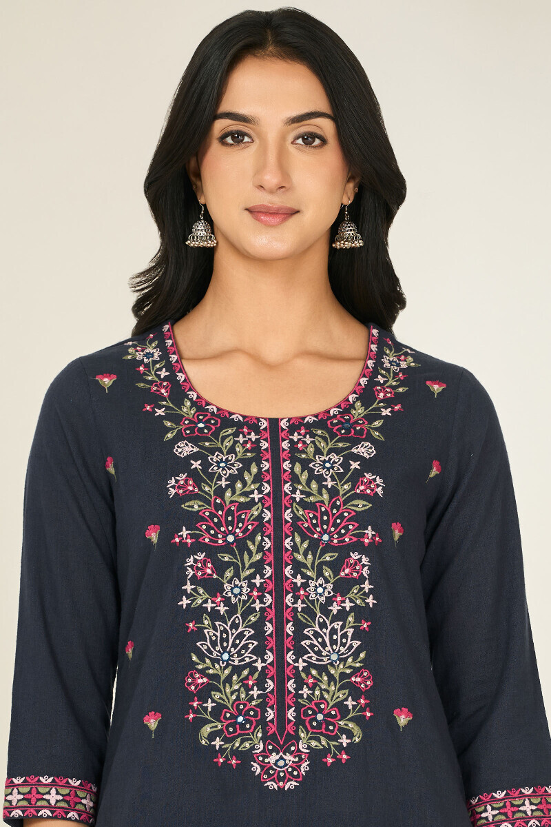 Navy Blue Handcrafted Straight Gauze Slub Kurta