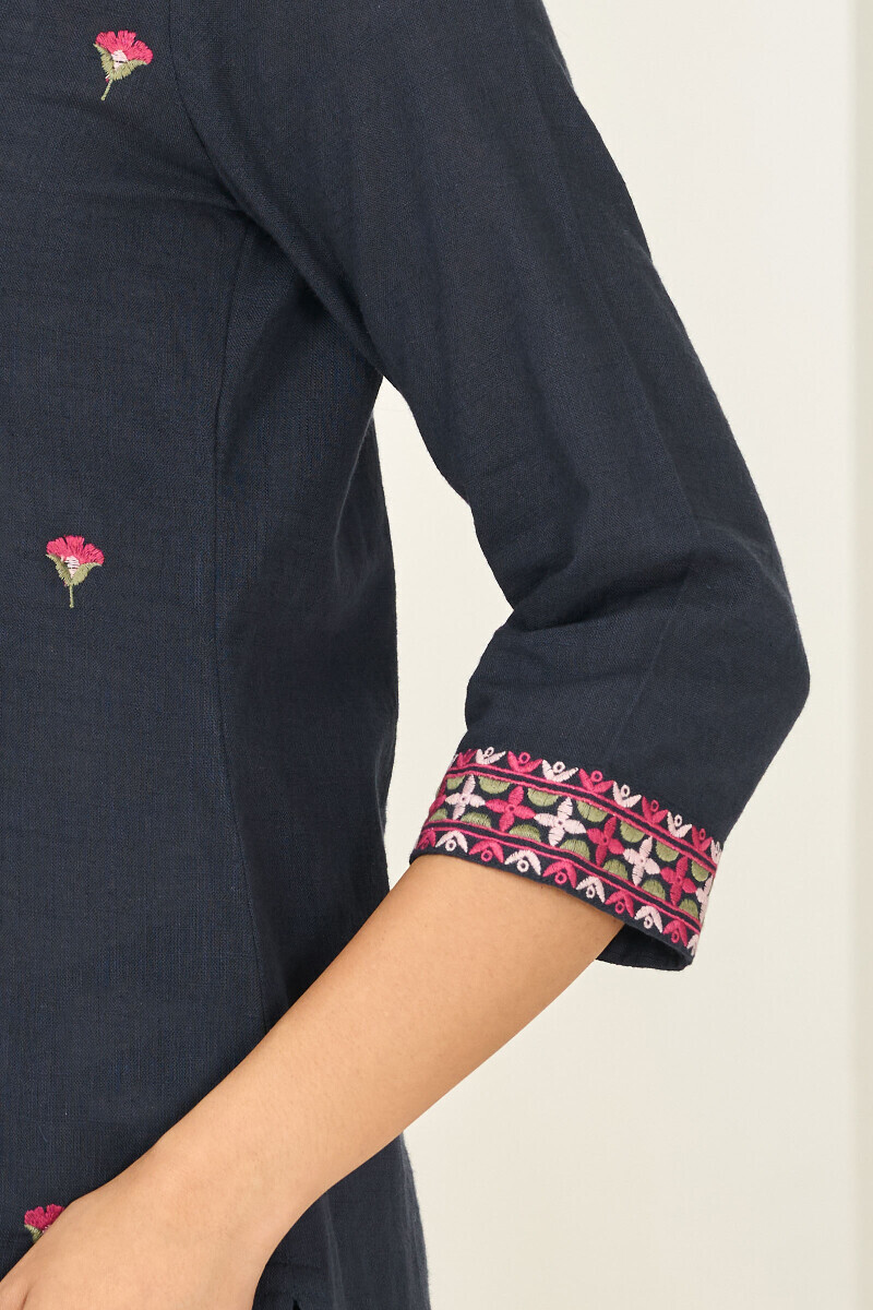 Navy Blue Handcrafted Straight Gauze Slub Kurta