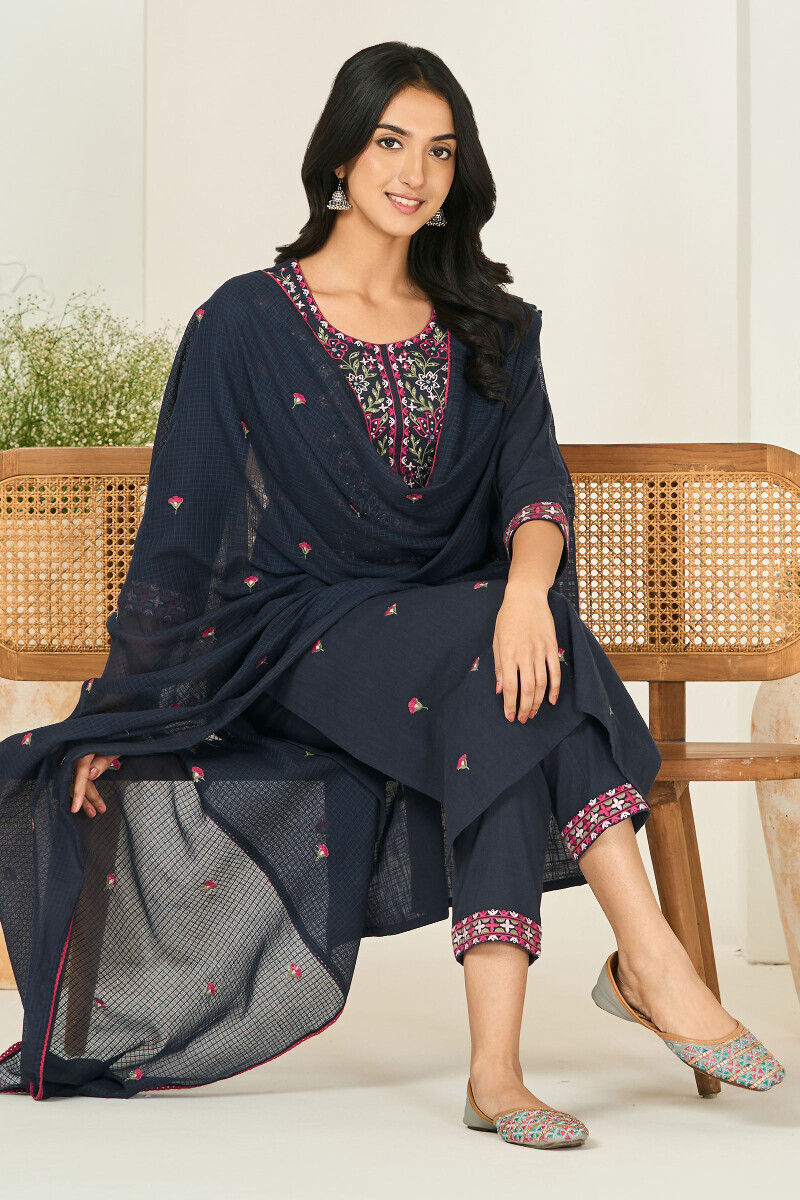 Navy Blue Handcrafted Straight Gauze Slub Kurta