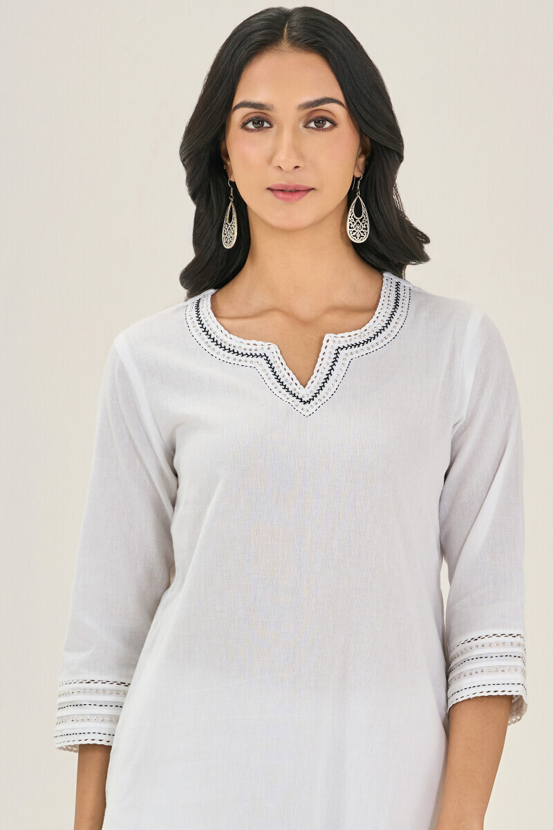 White Handcrafted Straight Cotton Flax Kurta