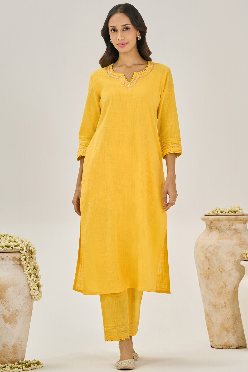 Yellow Handcrafted Straight Gauze Slub Kurta