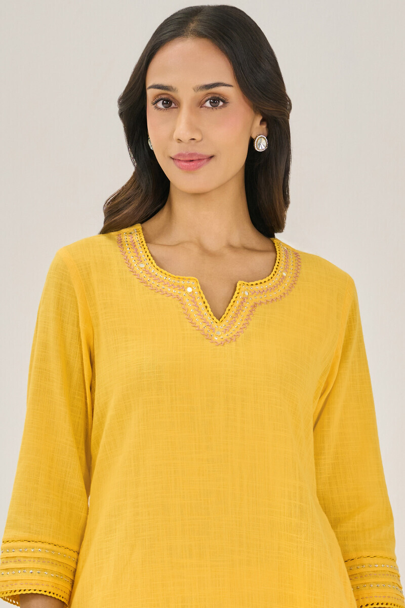 Yellow Handcrafted Straight Gauze Slub Kurta