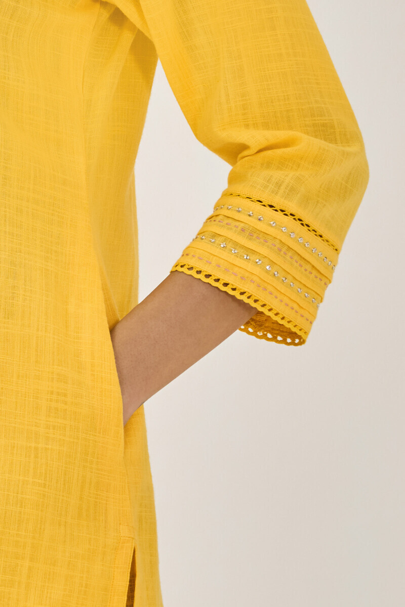 Yellow Handcrafted Straight Gauze Slub Kurta