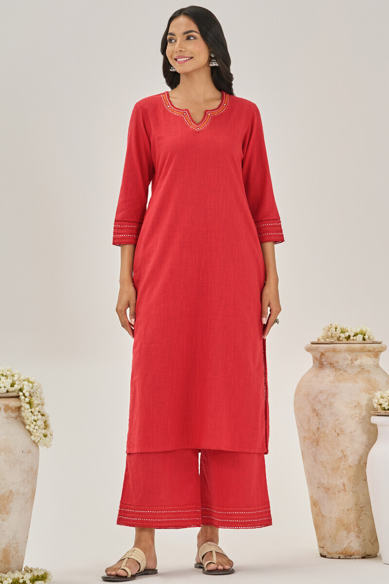 Red Handcrafted Straight Gauze Slub Kurta