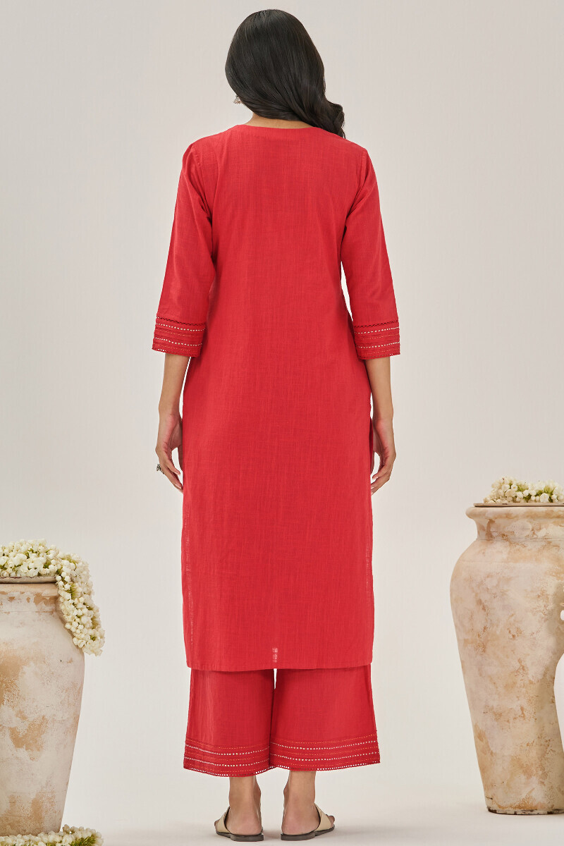 Red Handcrafted Straight Gauze Slub Kurta