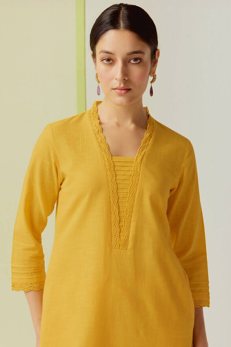 Mustard Handcrafted Straight Gauze Slub Kurta