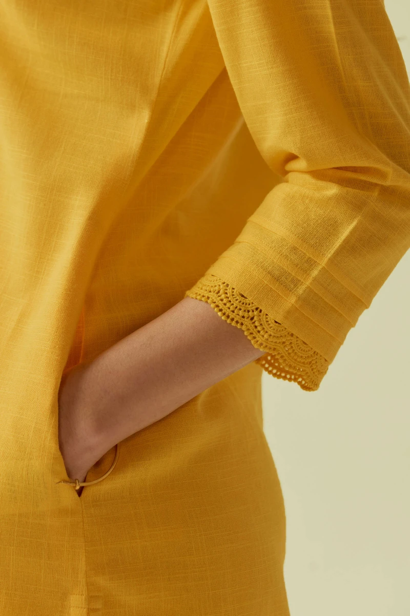 Mustard Handcrafted Straight Gauze Slub Kurta