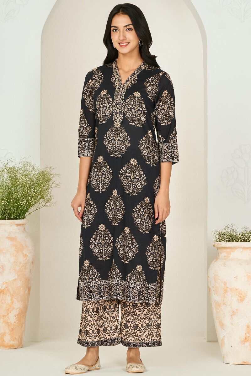 Black Printed Straight Cotton Dobby Kurta