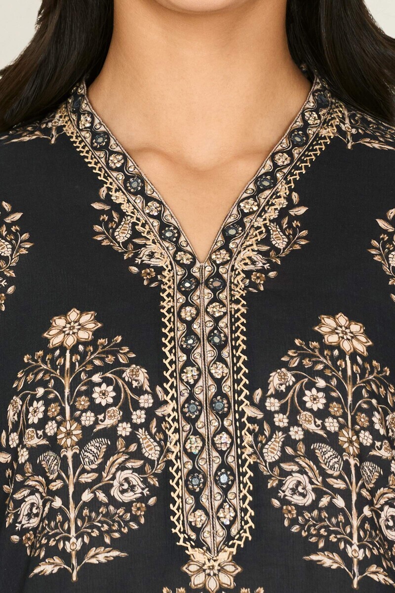 Black Printed Straight Cotton Dobby Kurta