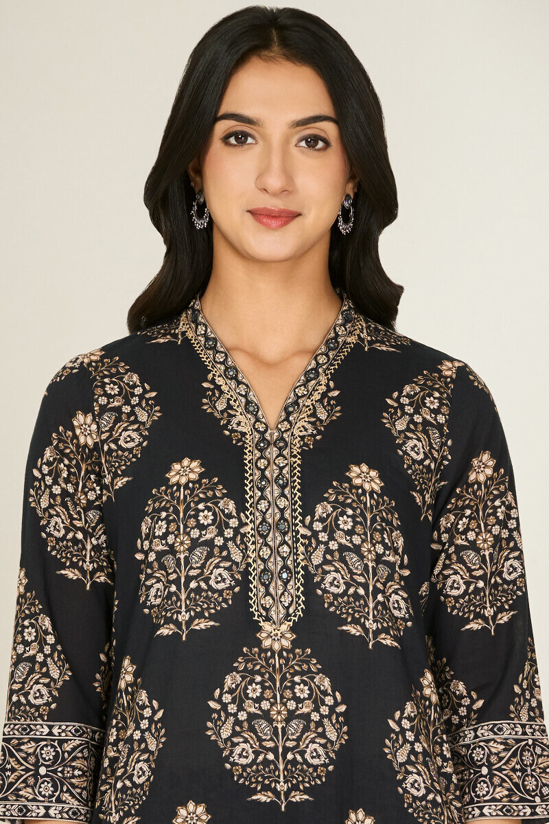 Black Printed Straight Cotton Dobby Kurta