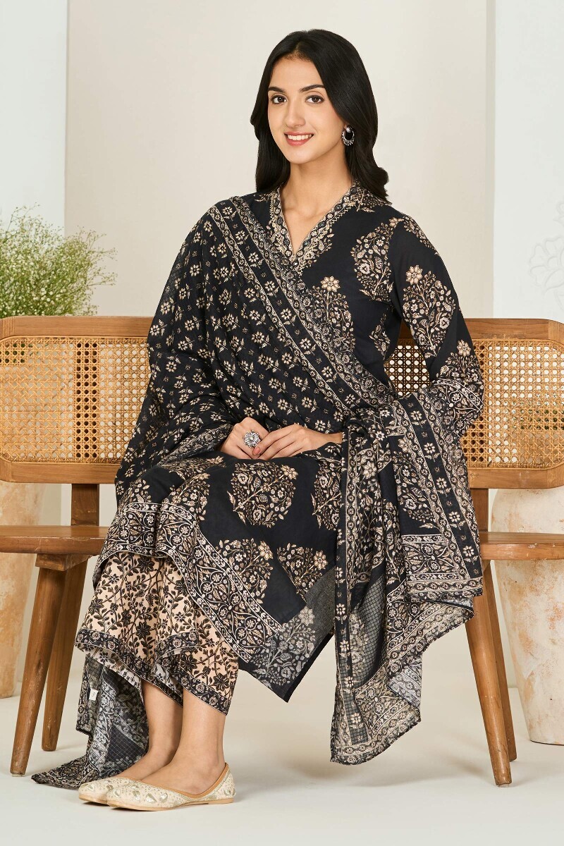 Black Printed Straight Cotton Dobby Kurta
