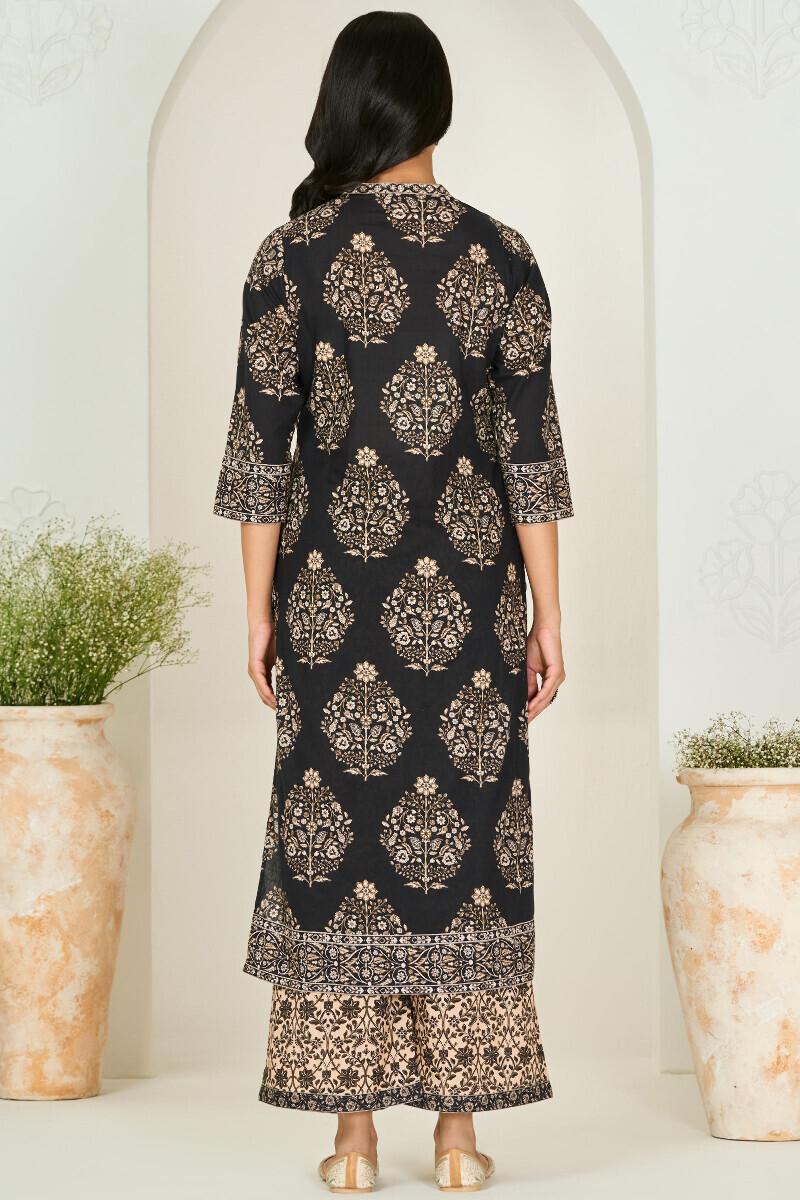 Black Printed Straight Cotton Dobby Kurta