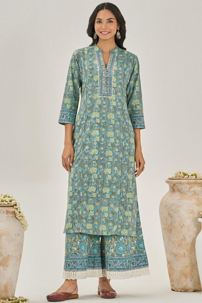 Grey Hand Block Printed Straight Cotton Kurta