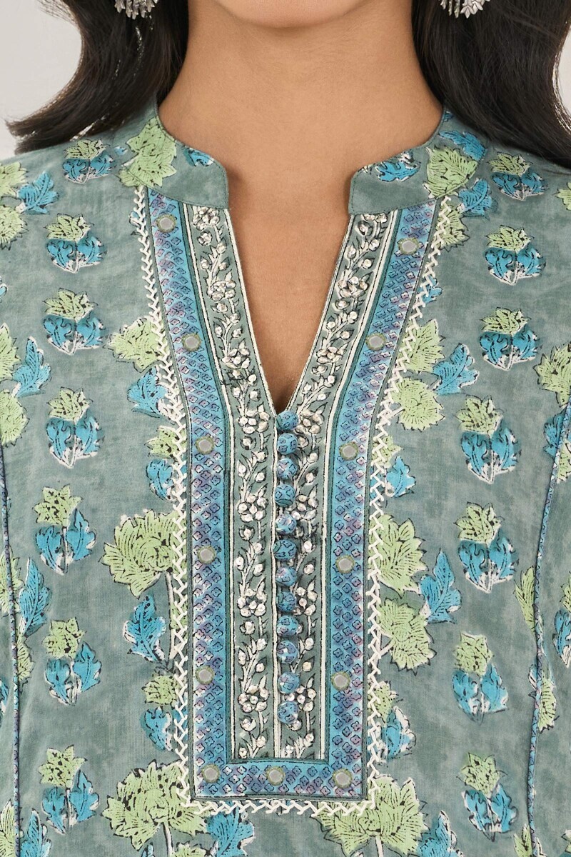 Grey Hand Block Printed Straight Cotton Kurta